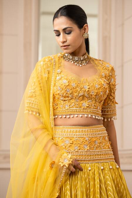 Tarun Tahiliani_Yellow Silk Organza Brocade Floral V Neck Striped Kalidar Lehenga Set_Online_at_Aza_Fashions