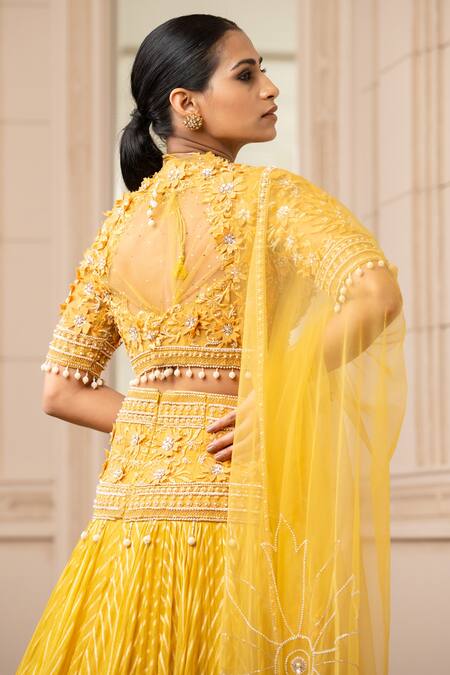 Buy_Tarun Tahiliani_Yellow Silk Organza Brocade Floral V Neck Striped Kalidar Lehenga Set_Online_at_Aza_Fashions