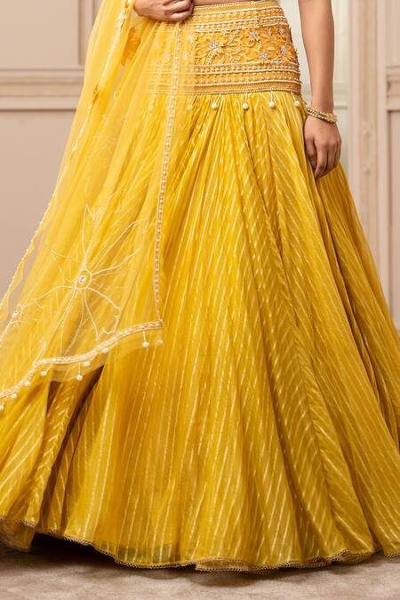 Shop_Tarun Tahiliani_Yellow Silk Organza Brocade Floral V Neck Striped Kalidar Lehenga Set_Online_at_Aza_Fashions