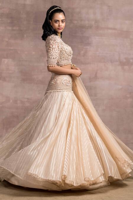 Tarun Tahiliani_Gold Silk Organza Brocade V Neck Kalidar Lehenga Set_Online_at_Aza_Fashions