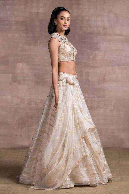 Tarun Tahiliani_White Silk Organza Brocade Stripes Round Draped Lehenga Set_Online_at_Aza_Fashions