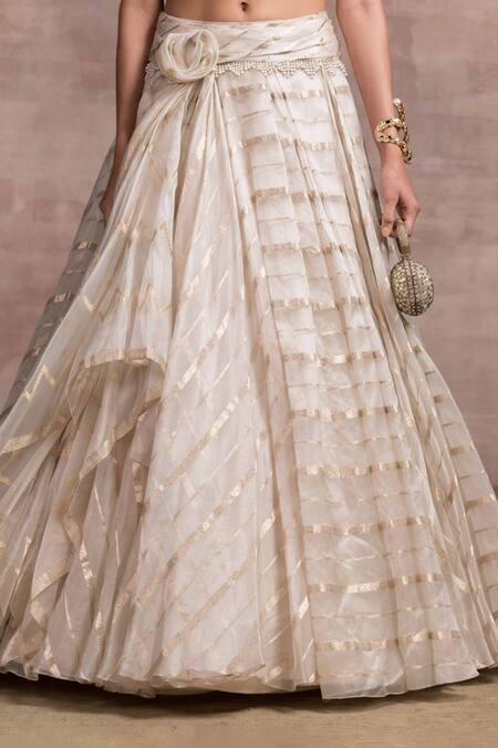 Buy_Tarun Tahiliani_White Silk Organza Brocade Stripes Round Draped Lehenga Set_Online_at_Aza_Fashions