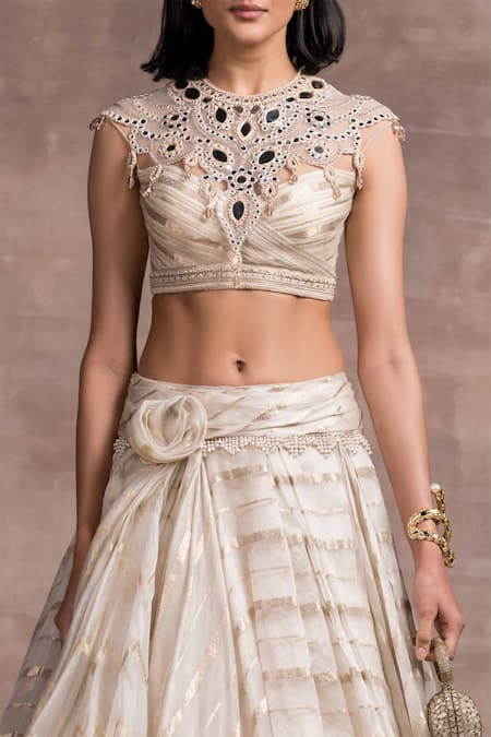 Shop_Tarun Tahiliani_White Silk Organza Brocade Stripes Round Draped Lehenga Set_Online_at_Aza_Fashions