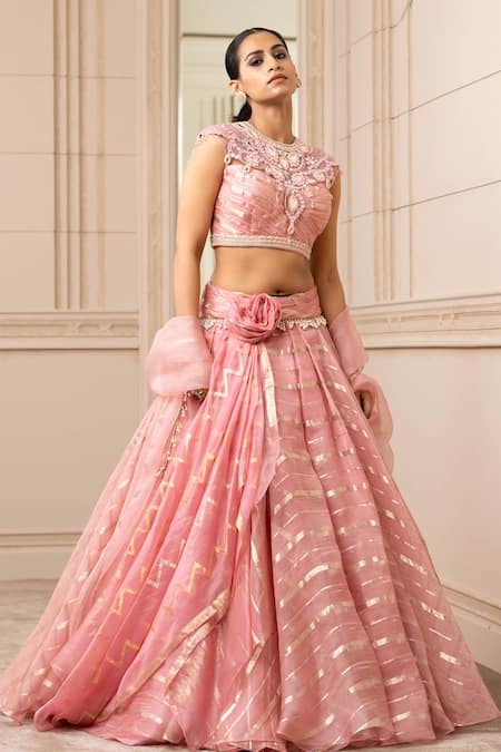 Tarun Tahiliani_Pink Silk Organza Brocade Stripes Mirror Round Cascade Draped Lehenga Set_Online_at_Aza_Fashions