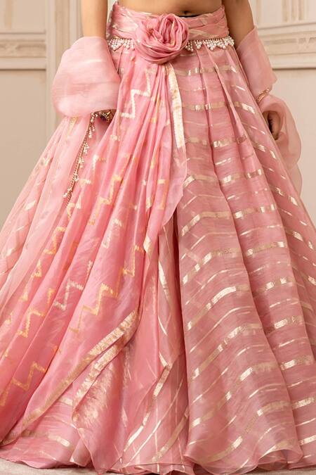 Tarun Tahiliani_Pink Silk Organza Brocade Stripes Mirror Round Cascade Draped Lehenga Set_at_Aza_Fashions