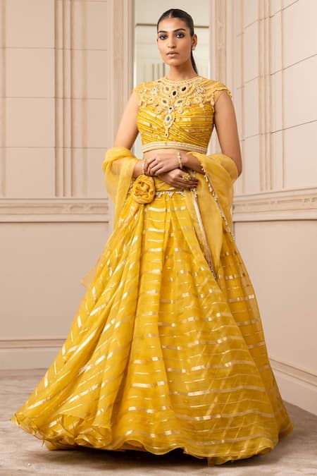 Tarun Tahiliani Yellow Silk Organza Brocade Stripes Embroidered Cascade Draped Lehenga Set 
