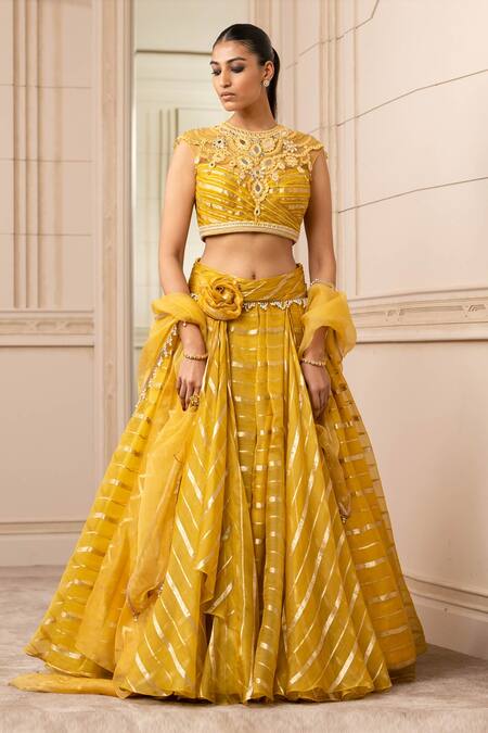 Tarun Tahiliani_Yellow Silk Organza Brocade Stripes Mirror Round Cascade Draped Lehenga Set_Online_at_Aza_Fashions