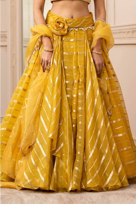 Shop_Tarun Tahiliani_Yellow Silk Organza Brocade Stripes Mirror Round Cascade Draped Lehenga Set_Online_at_Aza_Fashions