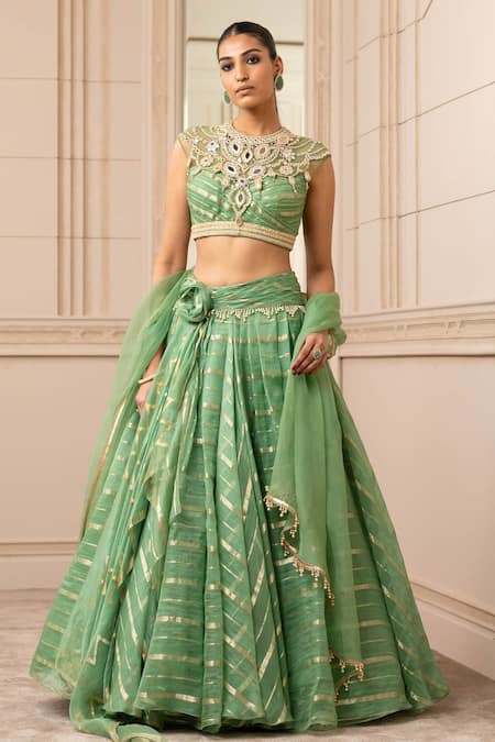 Buy_Tarun Tahiliani_Green Silk Organza Brocade Stripes Mirror Round Cascade Draped Lehenga Set_Online_at_Aza_Fashions