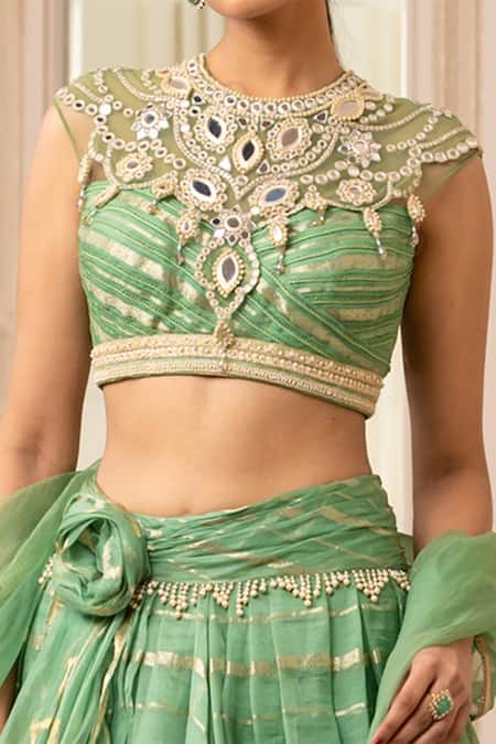 Shop_Tarun Tahiliani_Green Silk Organza Brocade Stripes Mirror Round Cascade Draped Lehenga Set_Online_at_Aza_Fashions