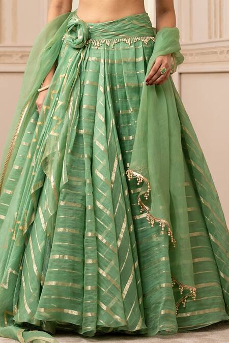Tarun Tahiliani_Green Silk Organza Brocade Stripes Mirror Round Cascade Draped Lehenga Set_at_Aza_Fashions
