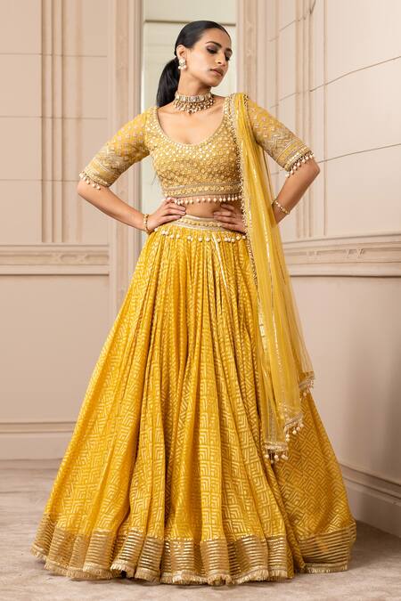 Tarun Tahiliani_Yellow Silk Organza Brocade Geometric Round Lehenga Set_Online_at_Aza_Fashions