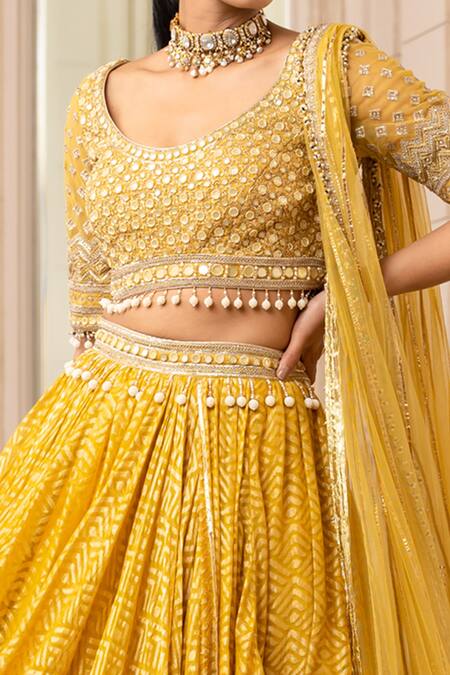 Shop_Tarun Tahiliani_Yellow Silk Organza Brocade Geometric Round Lehenga Set_Online_at_Aza_Fashions