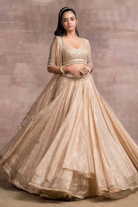 Tarun Tahiliani_Gold Silk Organza Brocade Round Bridal Lehenga Set _Online_at_Aza_Fashions