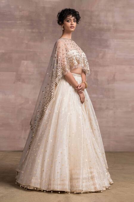 Tarun Tahiliani_White Silk Organza Brocade Sweetheart Neck Asymmetric Cape And Lehenga Set_Online_at_Aza_Fashions