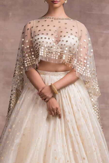 Shop_Tarun Tahiliani_White Silk Organza Brocade Sweetheart Neck Asymmetric Cape And Lehenga Set_Online_at_Aza_Fashions