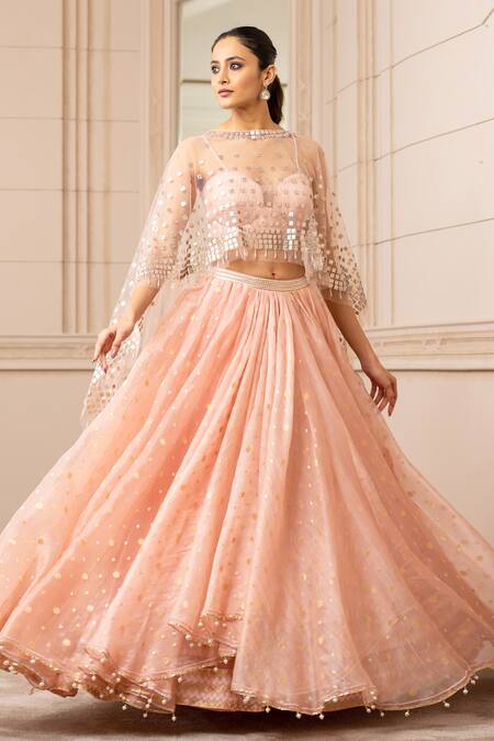 Tarun Tahiliani_Peach Silk Organza Brocade Geometric Cape Round Draped Lehenga Set_Online_at_Aza_Fashions