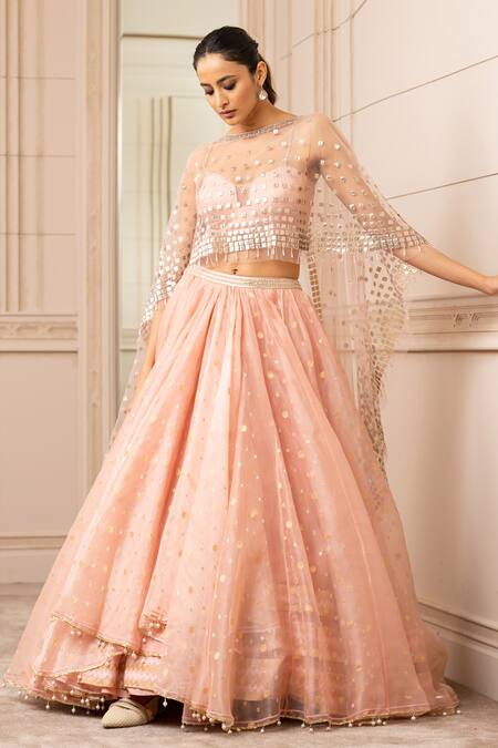Buy_Tarun Tahiliani_Peach Silk Organza Brocade Geometric Cape Round Draped Lehenga Set_Online_at_Aza_Fashions