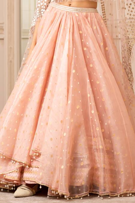 Tarun Tahiliani_Peach Silk Organza Brocade Geometric Cape Round Draped Lehenga Set_at_Aza_Fashions