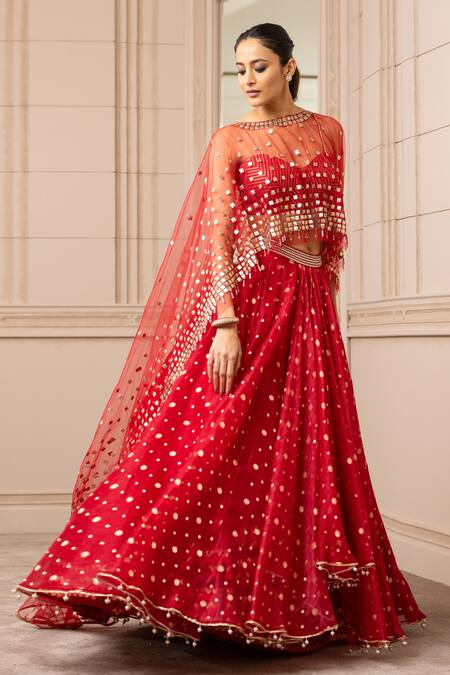 Tarun Tahiliani_Red Silk Organza Brocade Geometric Cape Round Draped Lehenga Set_Online_at_Aza_Fashions