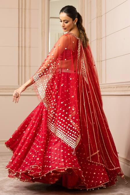 Buy_Tarun Tahiliani_Red Silk Organza Brocade Geometric Cape Round Draped Lehenga Set_Online_at_Aza_Fashions