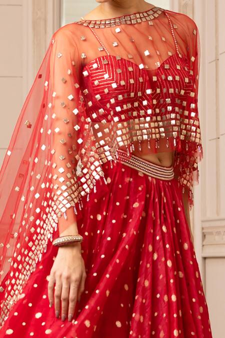 Shop_Tarun Tahiliani_Red Silk Organza Brocade Geometric Cape Round Draped Lehenga Set_Online_at_Aza_Fashions