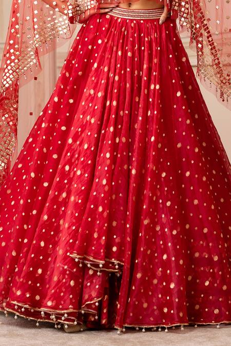 Tarun Tahiliani_Red Silk Organza Brocade Geometric Cape Round Draped Lehenga Set_at_Aza_Fashions