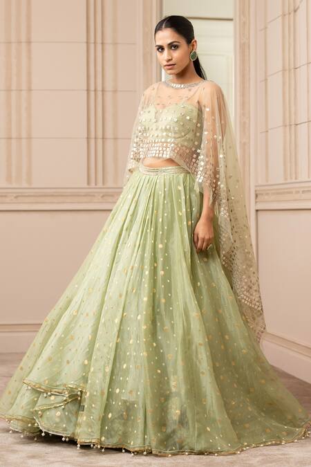 Tarun Tahiliani_Green Silk Organza Brocade Geometric Cape Round Draped Lehenga Set_Online_at_Aza_Fashions
