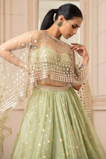 Buy_Tarun Tahiliani_Green Silk Organza Brocade Geometric Cape Round Draped Lehenga Set_Online_at_Aza_Fashions