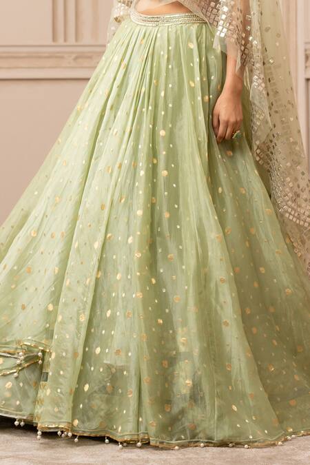 Shop_Tarun Tahiliani_Green Silk Organza Brocade Geometric Cape Round Draped Lehenga Set_Online_at_Aza_Fashions