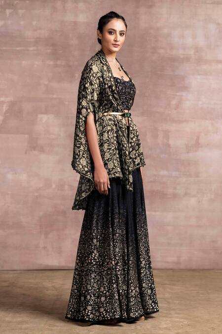 Tarun Tahiliani_Black Bustier Velvet Cape Satin Organza And Sharara Set_Online_at_Aza_Fashions