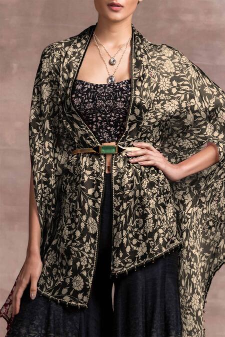 Buy_Tarun Tahiliani_Black Bustier Velvet Cape Satin Organza And Sharara Set_Online_at_Aza_Fashions