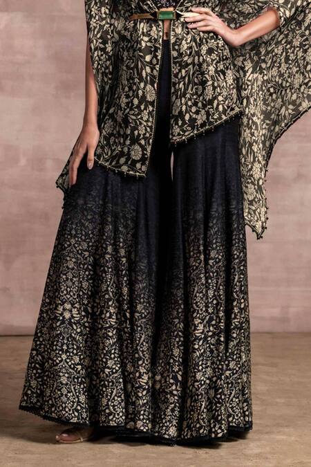 Shop_Tarun Tahiliani_Black Bustier Velvet Cape Satin Organza And Sharara Set_Online_at_Aza_Fashions