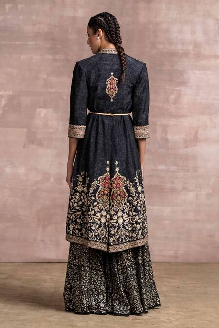 Shop_Tarun Tahiliani_Black Jacket Viscose  Blouse Micro Velvet Sharara Printed And Set_at_Aza_Fashions