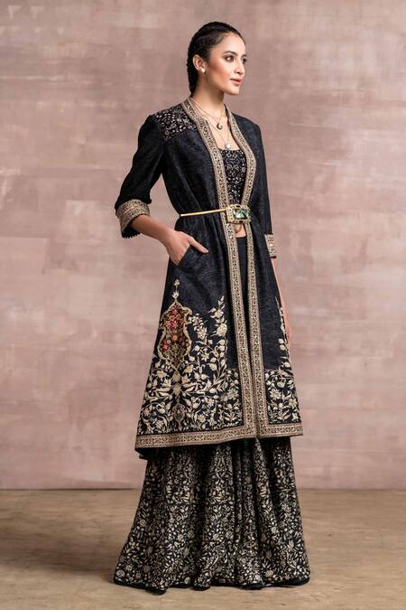 Tarun Tahiliani_Black Jacket Viscose  Blouse Micro Velvet Sharara Printed And Set_Online_at_Aza_Fashions