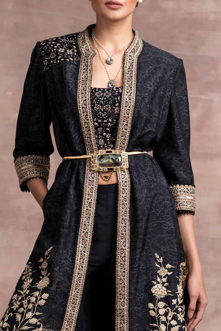 Buy_Tarun Tahiliani_Black Jacket Viscose  Blouse Micro Velvet Sharara Printed And Set_Online_at_Aza_Fashions