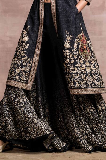Shop_Tarun Tahiliani_Black Jacket Viscose  Blouse Micro Velvet Sharara Printed And Set_Online_at_Aza_Fashions