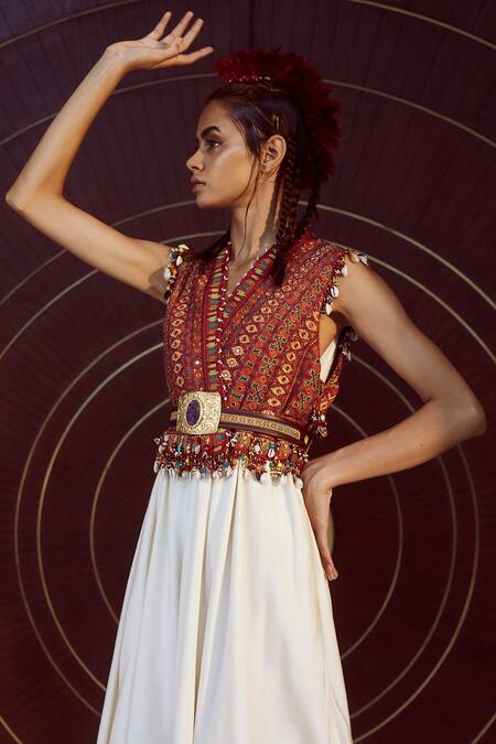 Tarun Tahiliani_Red Jacket Jumpsuit Katan Silk Ikat, Mirror, Kantha, Shells And Print With_Online_at_Aza_Fashions