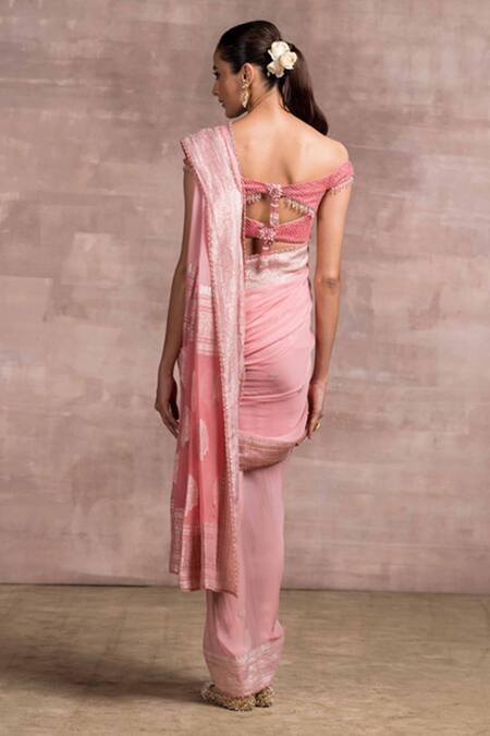 Shop Tarun Tahiliani Pink Net, Blouse Dupion, Saree Georgette V Handloom Draped With at Aza Fashions Shop_Tarun Tahiliani_Pink Net, Blouse Dupion, Saree Georgette V Handloom Draped With_at_Aza_Fashions