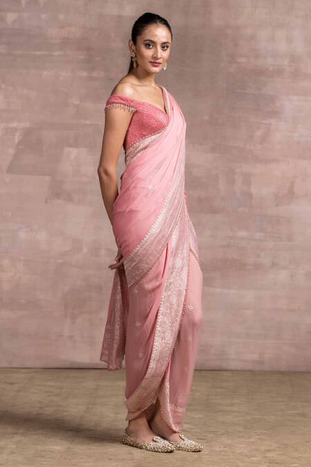 Tarun Tahiliani Pink Net, Blouse Dupion, Saree Georgette V Handloom Draped With Online at Aza Fashions Tarun Tahiliani_Pink Net, Blouse Dupion, Saree Georgette V Handloom Draped With_Online_at_Aza_Fashions