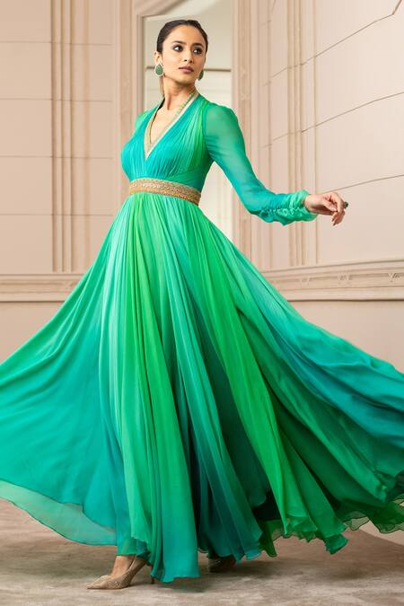 Tarun Tahiliani_Green Anarkali Dolly Shot Chiffon Embroidered Geometric V Neck Draped Set _Online_at_Aza_Fashions