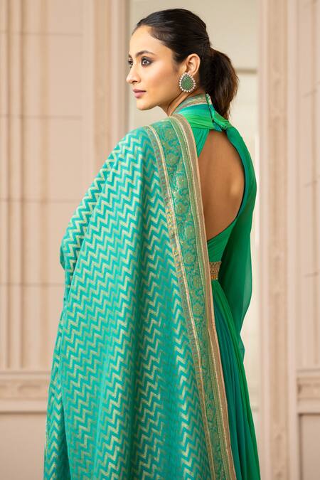 Buy_Tarun Tahiliani_Green Anarkali Dolly Shot Chiffon Embroidered Geometric V Neck Draped Set _Online_at_Aza_Fashions