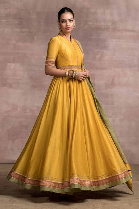Tarun Tahiliani_Yellow Anarkali Dolly Staple, Churidar Viscose Jersey, Dupatta Mustard Set_Online_at_Aza_Fashions