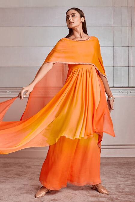 Tarun Tahiliani_Yellow Crepe Chiffon Round Draped Layered Kaftan_Online_at_Aza_Fashions