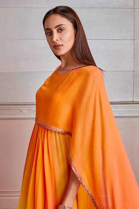 Buy_Tarun Tahiliani_Yellow Crepe Chiffon Round Draped Layered Kaftan_Online_at_Aza_Fashions