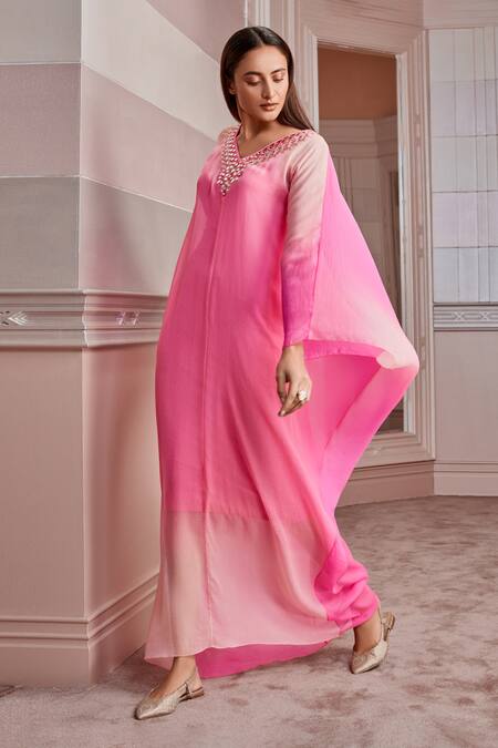Tarun Tahiliani_Pink Platinum Chiffon Slip Viscose Jersey V Neck Embroidered Kaftan_Online_at_Aza_Fashions