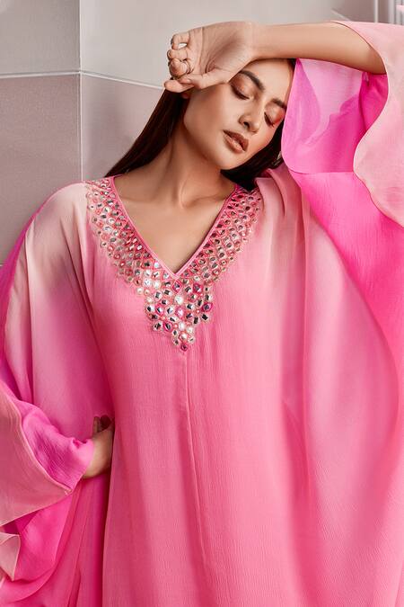 Buy_Tarun Tahiliani_Pink Platinum Chiffon Slip Viscose Jersey V Neck Embroidered Kaftan_Online_at_Aza_Fashions