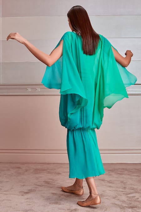 Shop Tarun Tahiliani Green Platinum Chiffon Slip Viscose Jersey Round Layered Kaftan at Aza Fashions Shop_Tarun Tahiliani_Green Platinum Chiffon Slip Viscose Jersey Round Layered Kaftan_at_Aza_Fashions