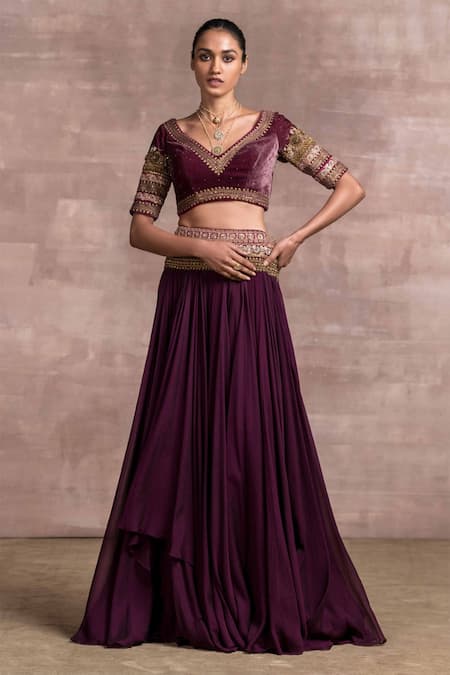 Tarun Tahiliani_Purple Blouse Velvet, Lehenga Kota V Neck Draped And Set _Online_at_Aza_Fashions