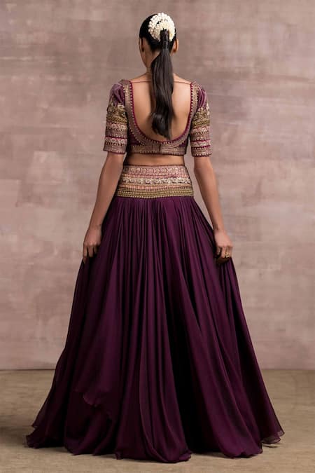 Shop_Tarun Tahiliani_Purple Blouse Velvet, Lehenga Kota V Neck Draped And Set _at_Aza_Fashions